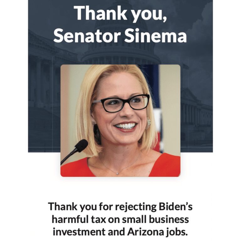 Read more about the article Taxpayer Watchdog Launches Major Effort Praising Senator Sinema for her Support of Arizona Small Businesses by Opposing “Carried Interest” Tax Hike